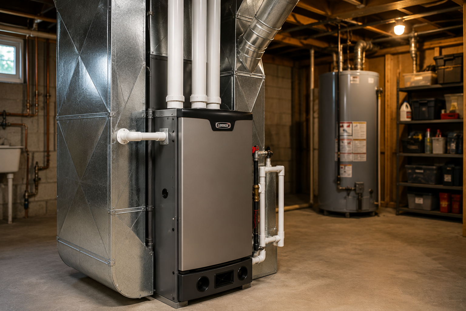 High efficiency furnace and ductwork setup in a basement mechanical room