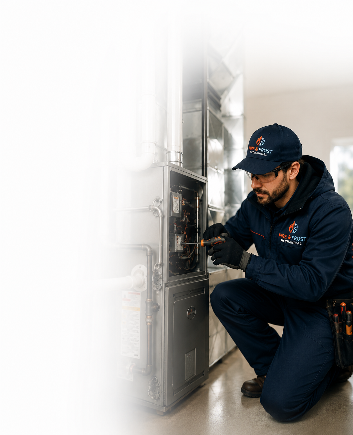 Fire & Frost Mechanical HVAC technician servicing a residential furnace in a clean mechanical room with professional branded workwear.