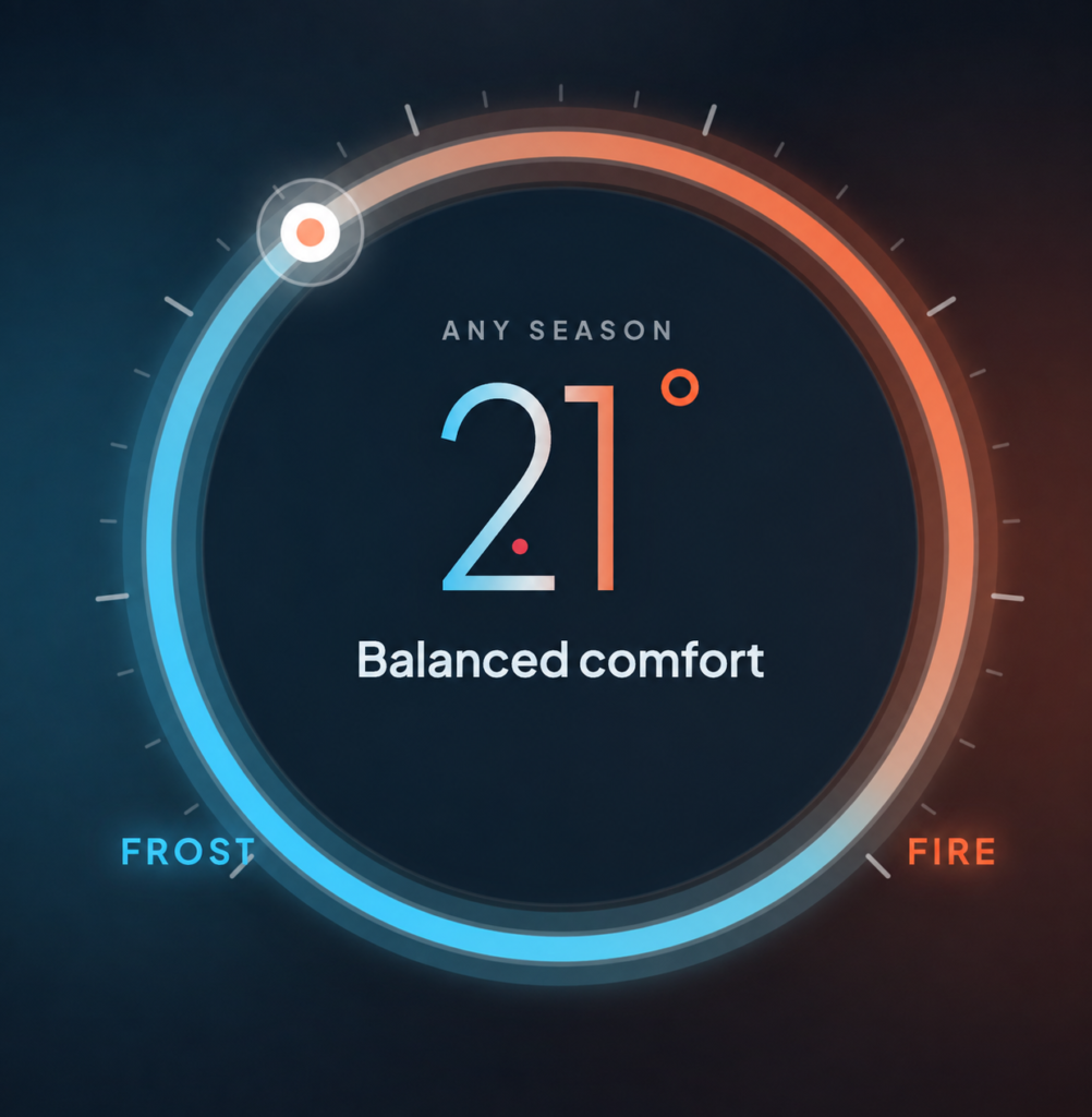 Fire and Frost thermostat displaying balanced comfort at 21 degrees.
