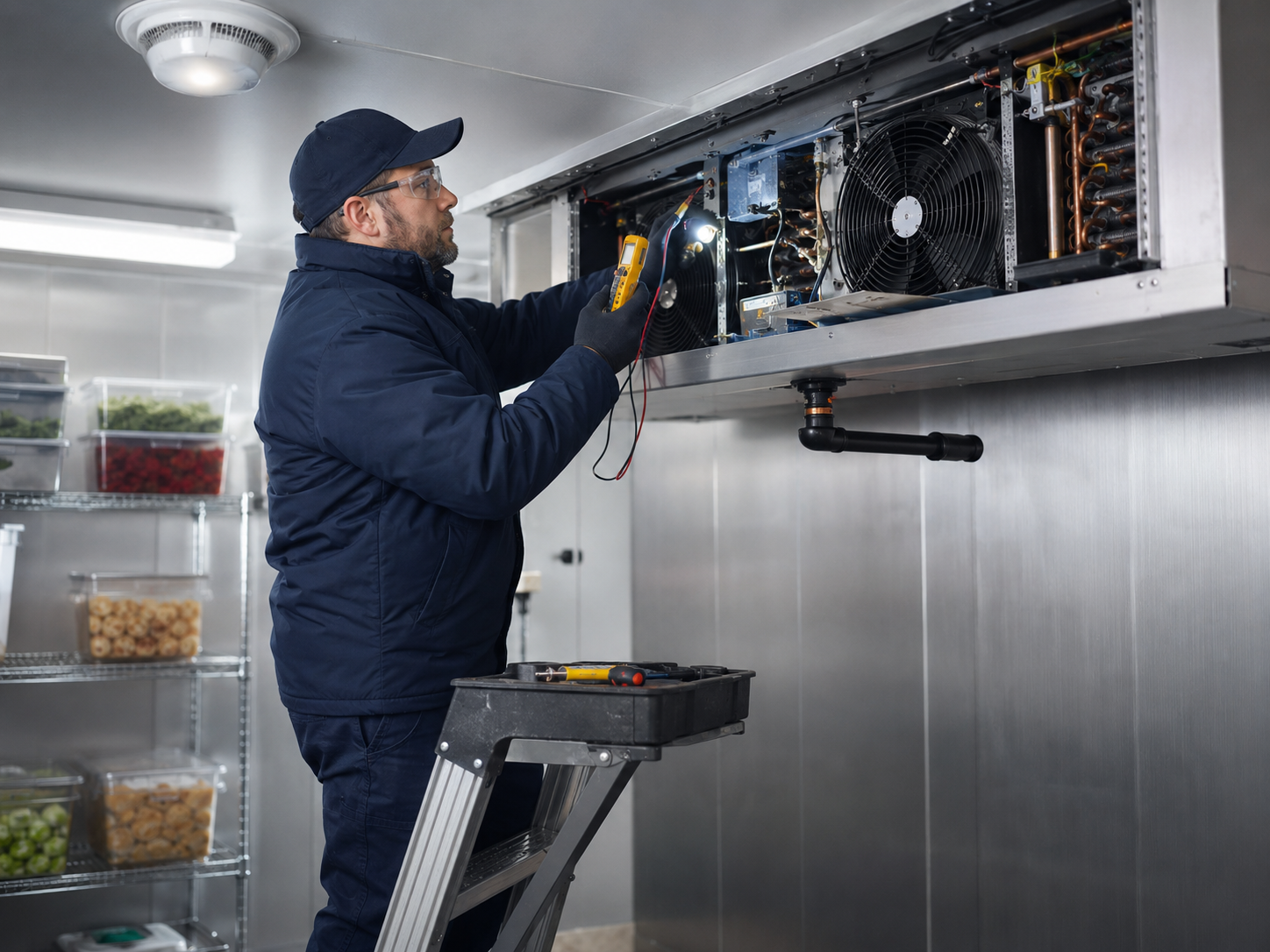 Technician servicing walk-in cooler evaporator
