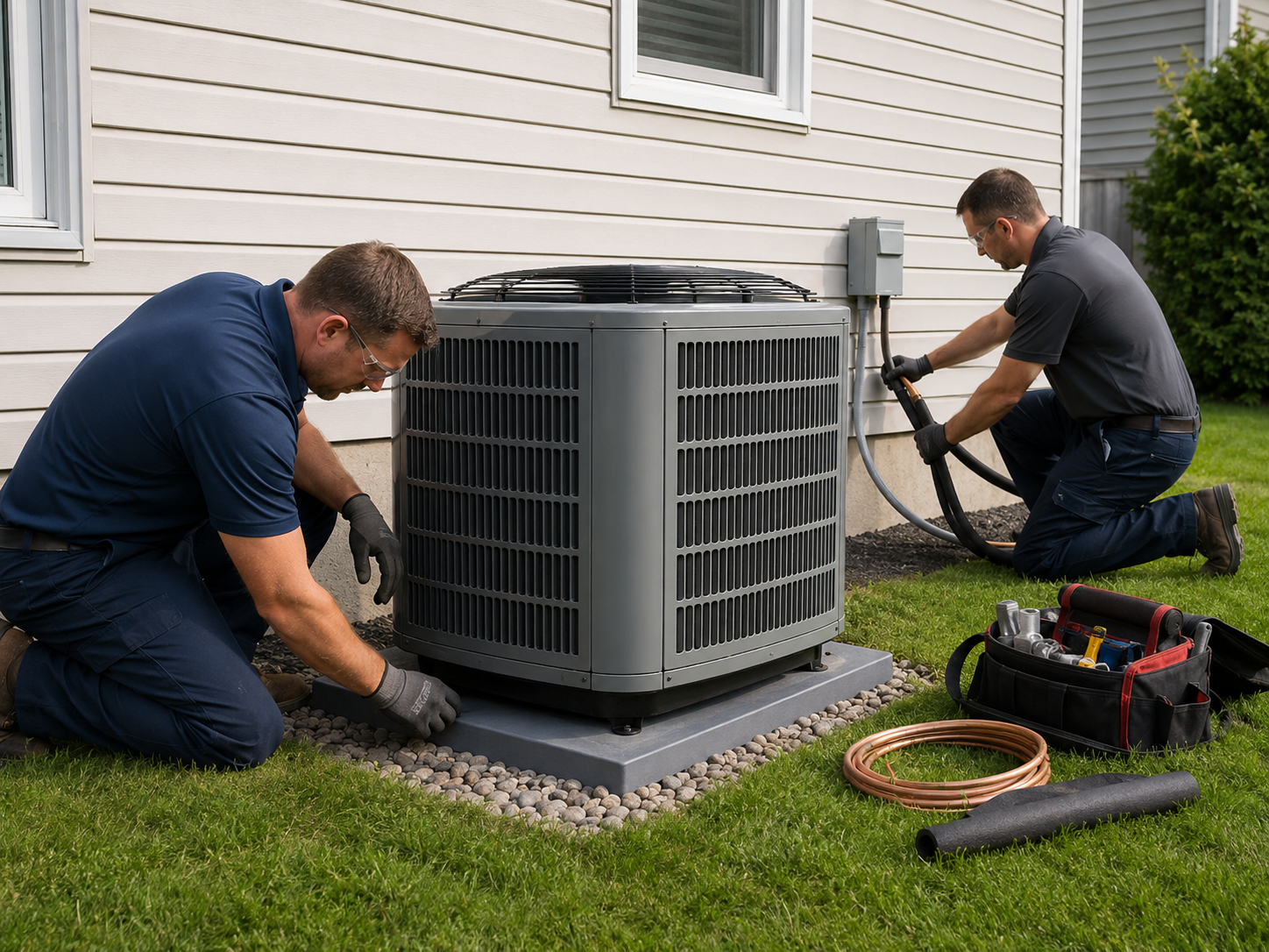 Technicians Installing a Home AC Condenser