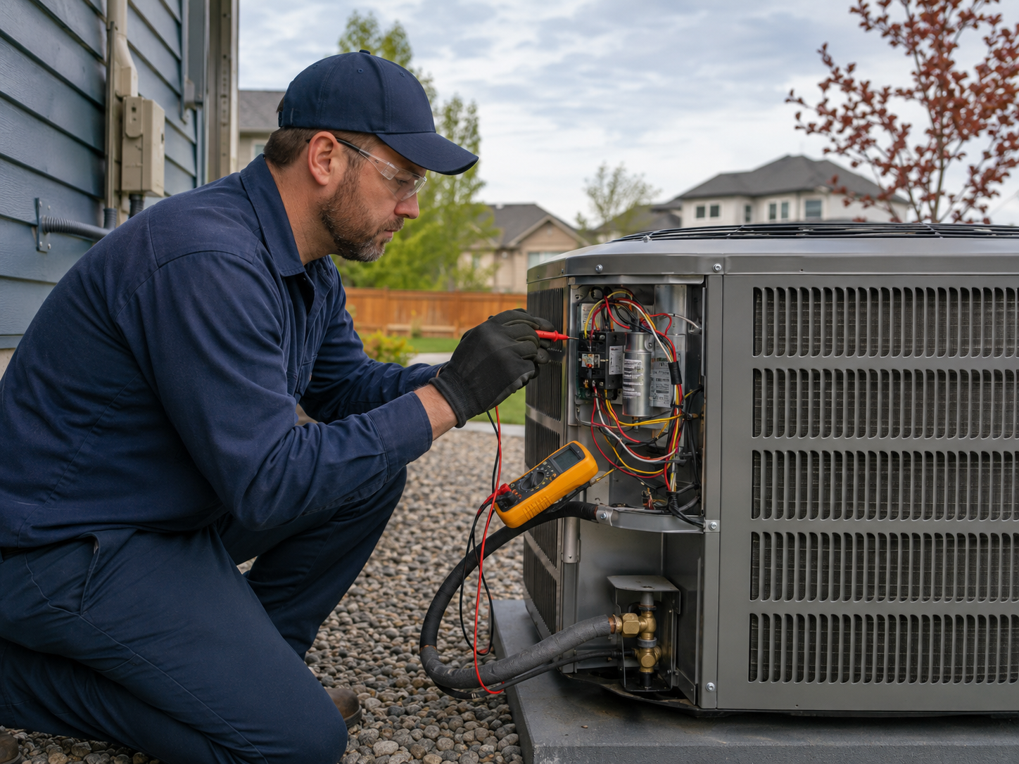 HVAC technician testing the electrical components of an outdoor air-conditioning unit.