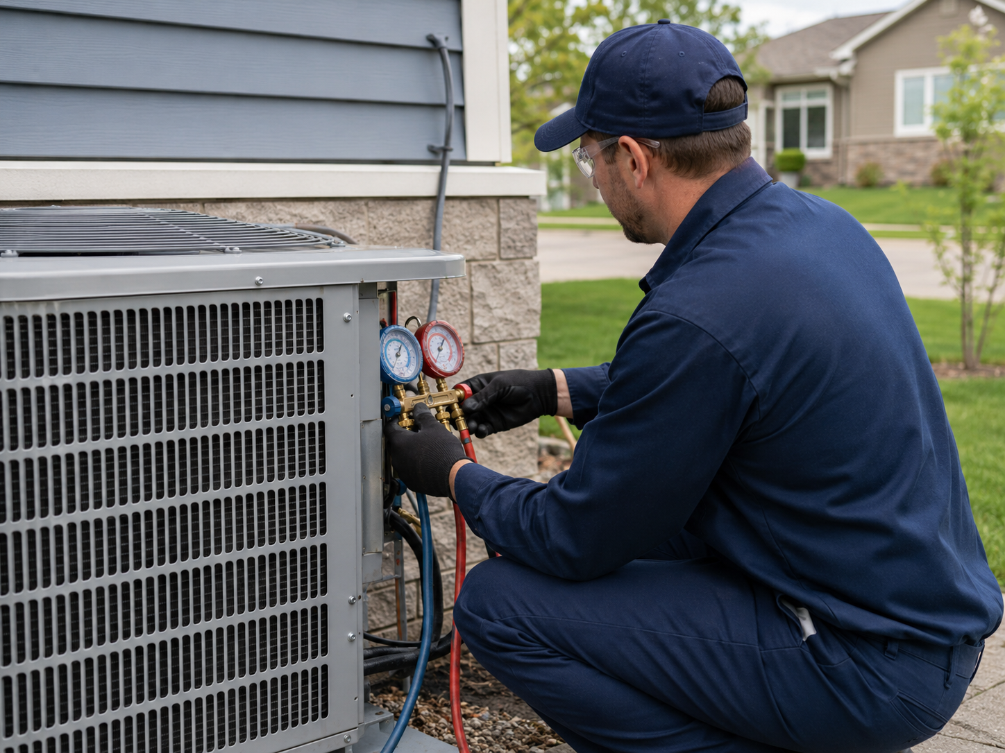 Fire & Frost Mechanical technician servicing an outdoor air-conditioning unit.